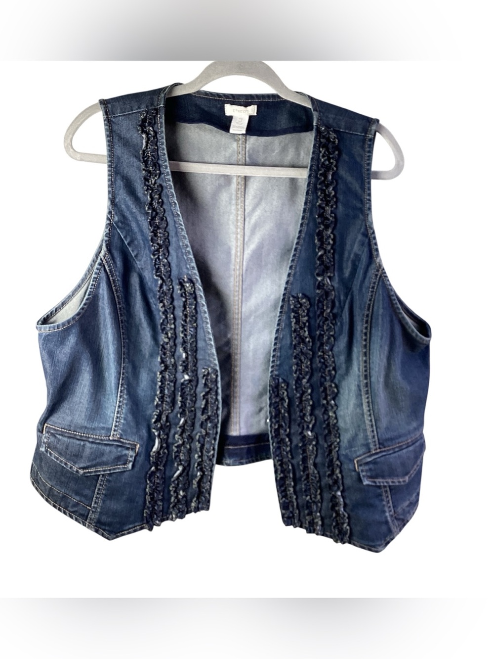 Chico’s Jeans  denim princess cut ruffles vest with two pockets open front